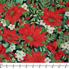 Benartex Christmas Musical Poinsettia Serenade Black 14027M12B - By The Yard