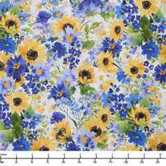 Clothworks Sunflower Bouquets Digital Packed Flowers White Y3909 1 - By The Yard