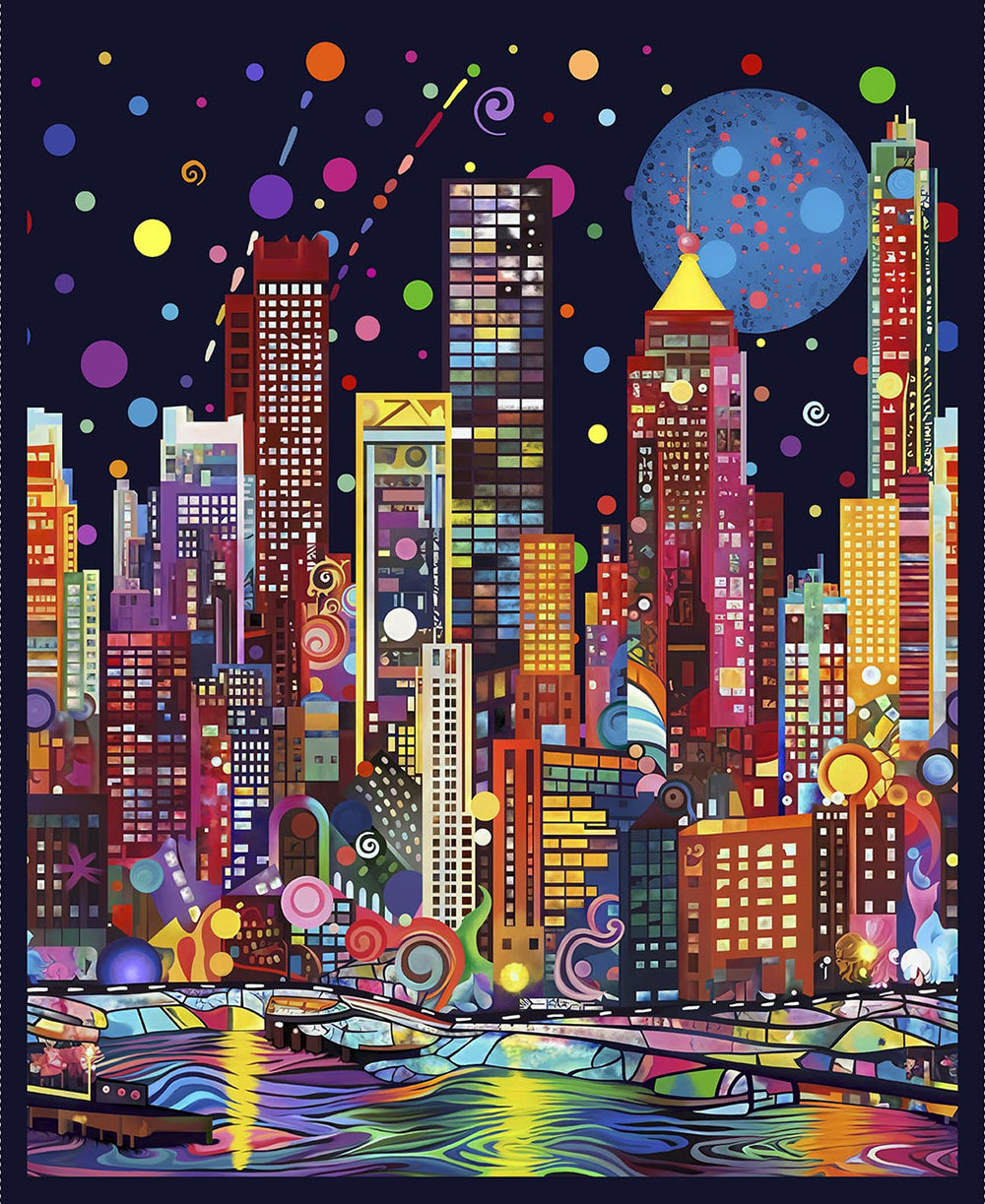 Colorful cityscape illustration with tall buildings and vibrant patterns.