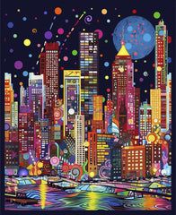 Colorful cityscape illustration with tall buildings and vibrant patterns.