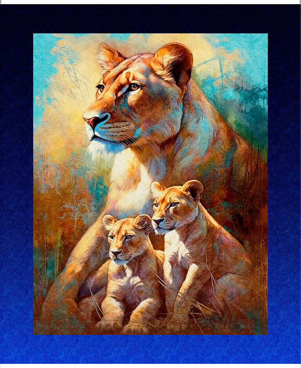 QT Fabrics Roar of the Pride Lioness and Cubs Panel Royal 2600 31391 Y - 32-inch EOB Special