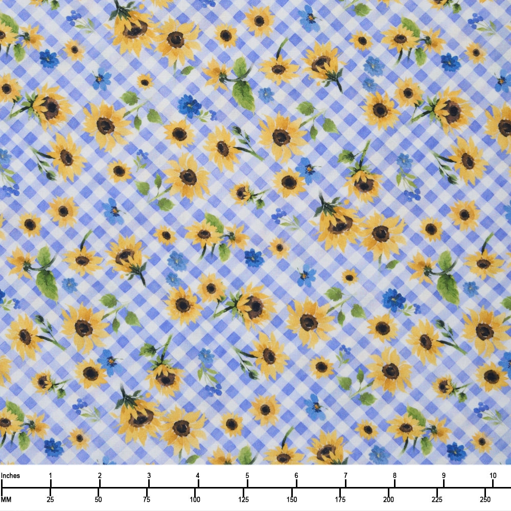 Clothworks Sunflower Bouquets Digital Floral Check Periwinkle Y3910 85 - By The Yard