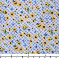 Clothworks Sunflower Bouquets Digital Floral Check Periwinkle Y3910 85 - By The Yard