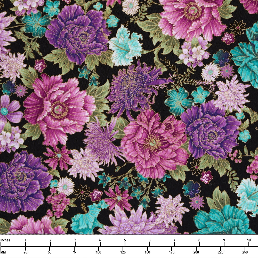 Timeless Treasures Shizuka Packed Asian Floral Fleur CM3163 Black - By The Yard