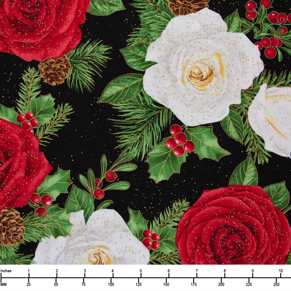 Timeless Treasures Winter Rose Roses and Pinecorn Bouquet Metallic Holiday CM2890 Black - By The Yard
