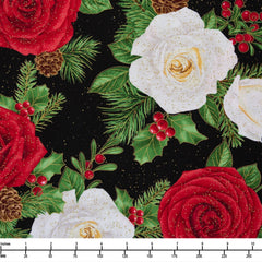 Timeless Treasures Winter Rose Roses and Pinecorn Bouquet Metallic Holiday CM2890 Black - By The Yard