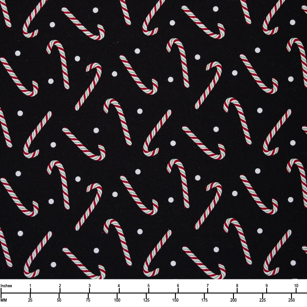 Benartex Country Christmas Jolly Candy Canes Black 14012 12  - By The Yard
