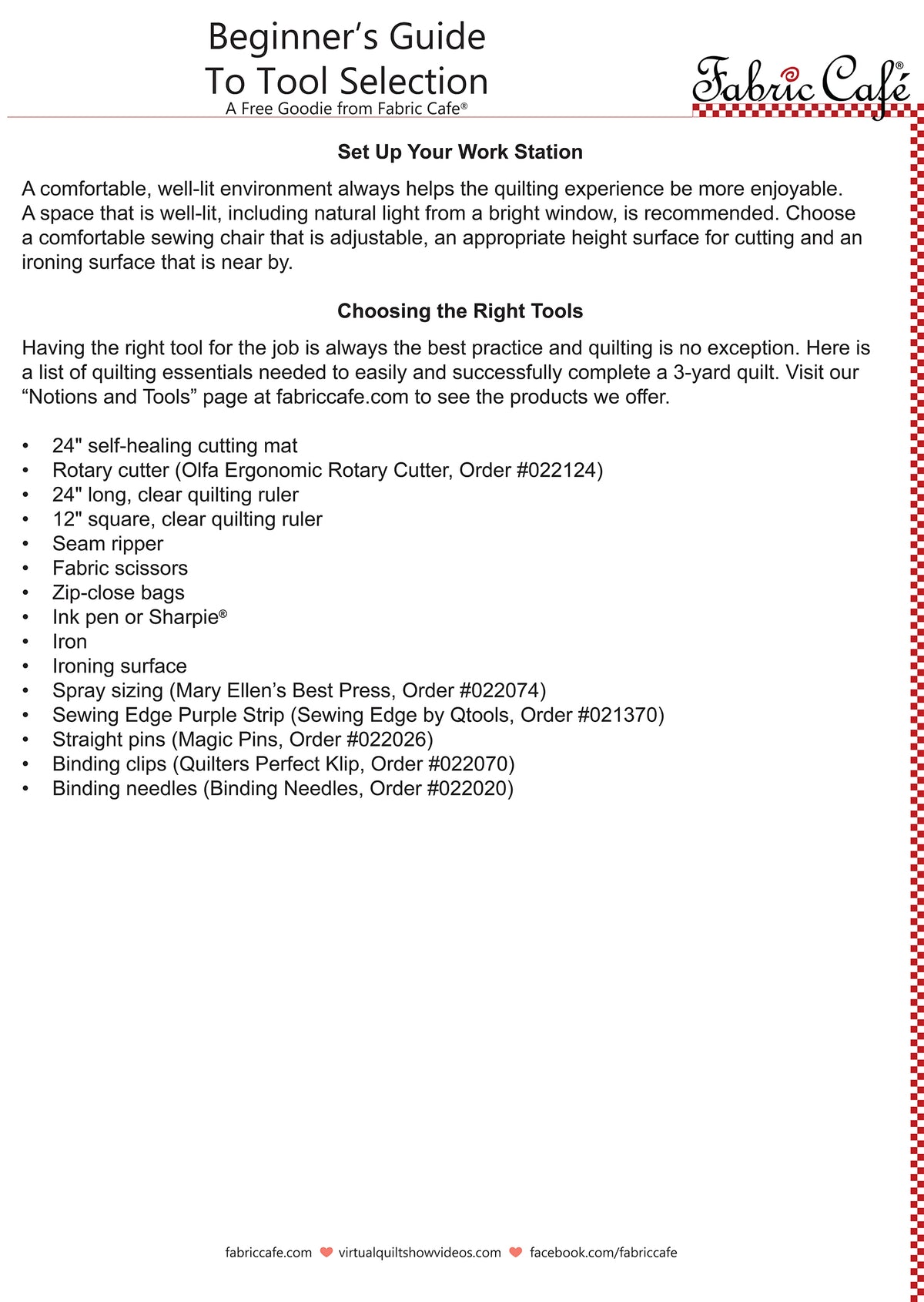 Page from a book or document titled 'Beginner's Guide to Tool Selection' with list of quilting tools for beginners to use when starting their first quilt