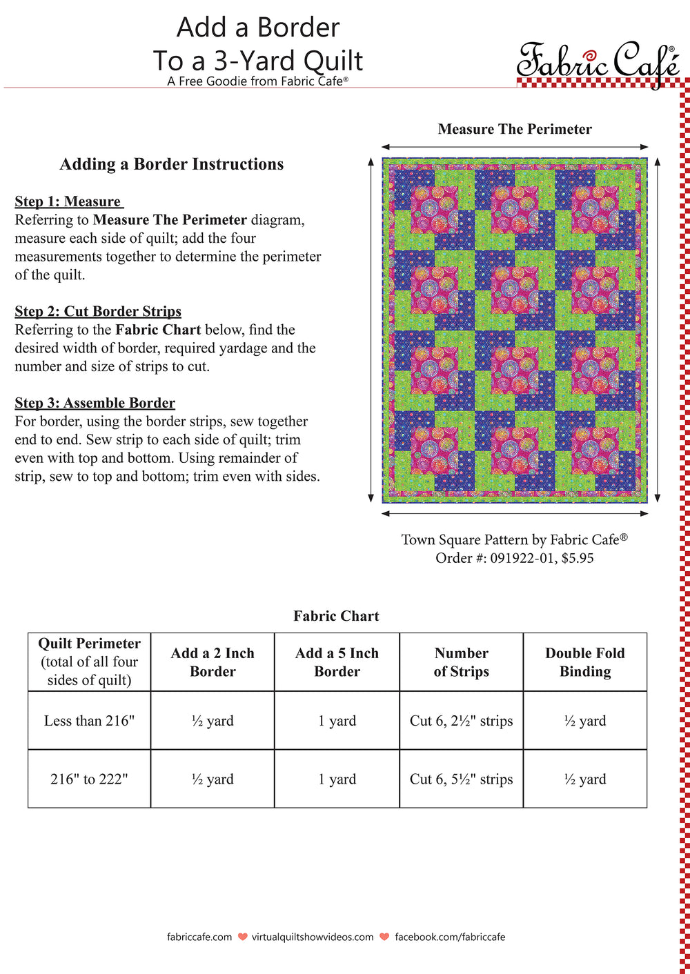 Document with images and written instructions on how to add a two inch or 5 inch border to a 3-yard quilt