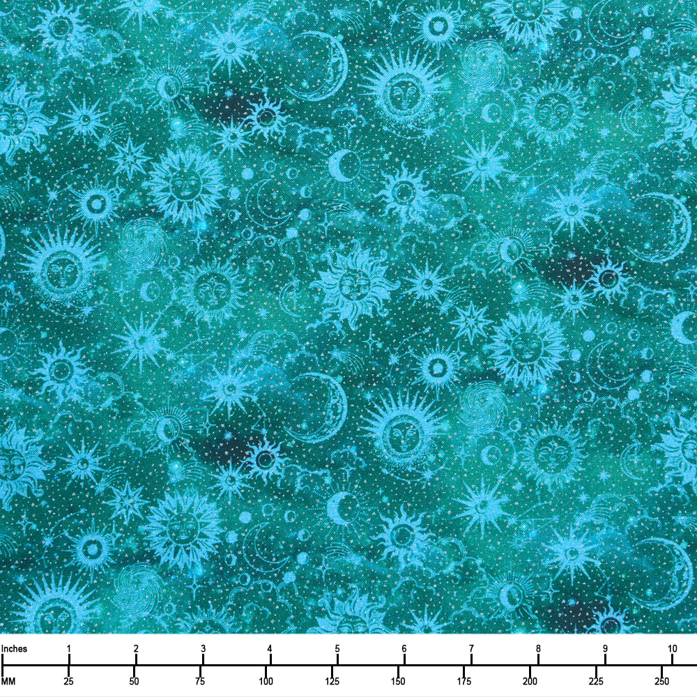 Benartex Celestial Skies Sun and Moon Tonal Teal 16625P 83 - 32-inch EOB Special