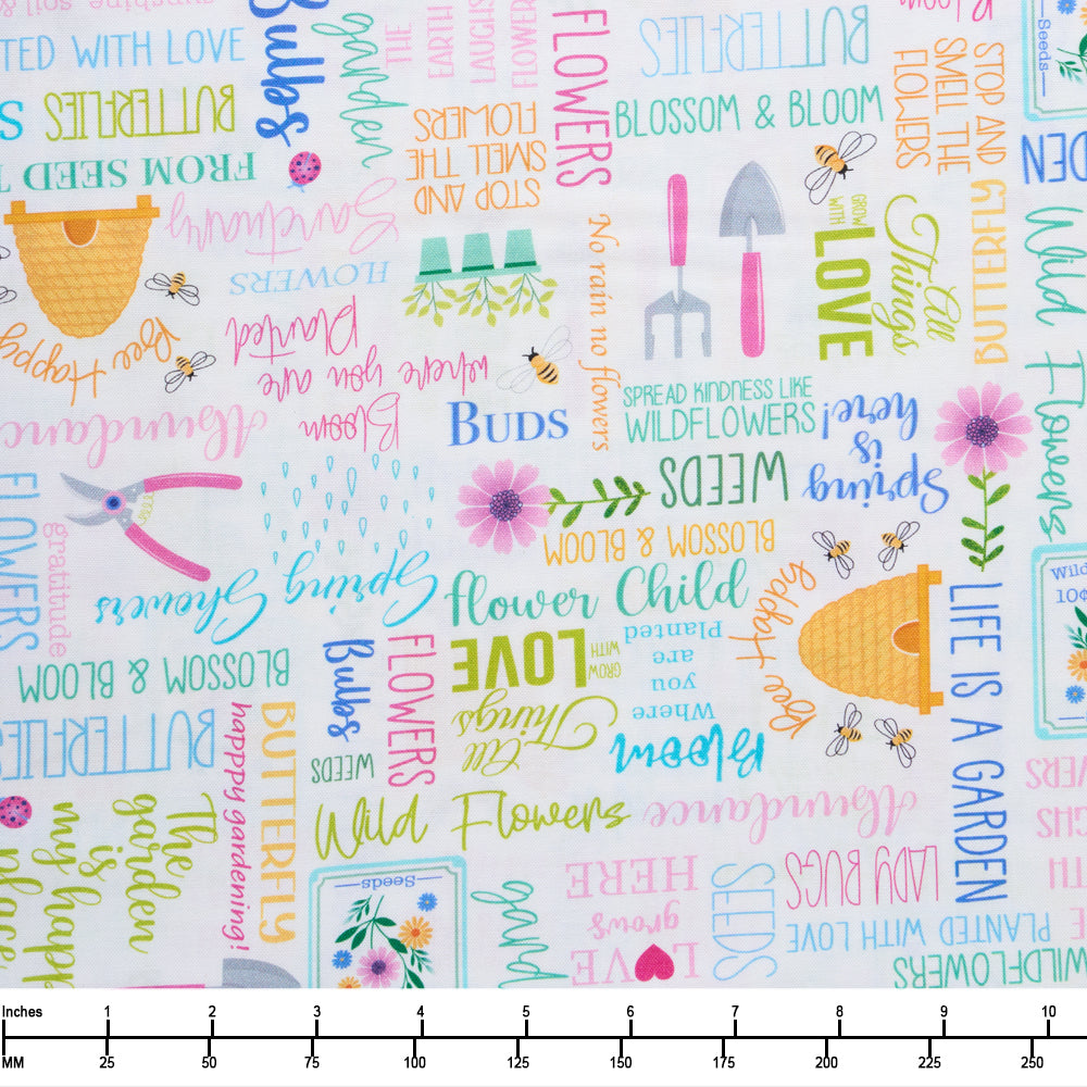 Benartex Love Grows Here Blossom and Bloom Words White 14668 09 - 28-inch EOB Special