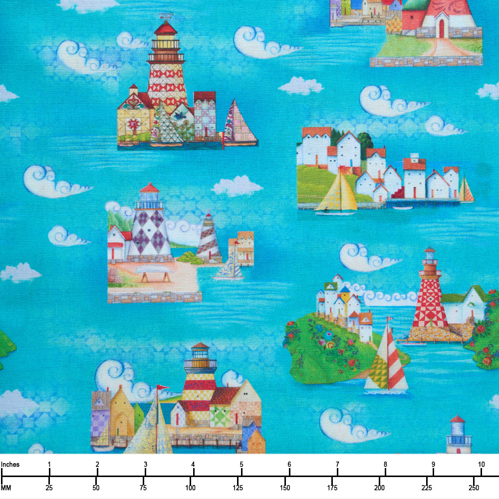 Benartex Shorelights Lighthouses Turquoise 09438 84 - 22-inch EOB Special