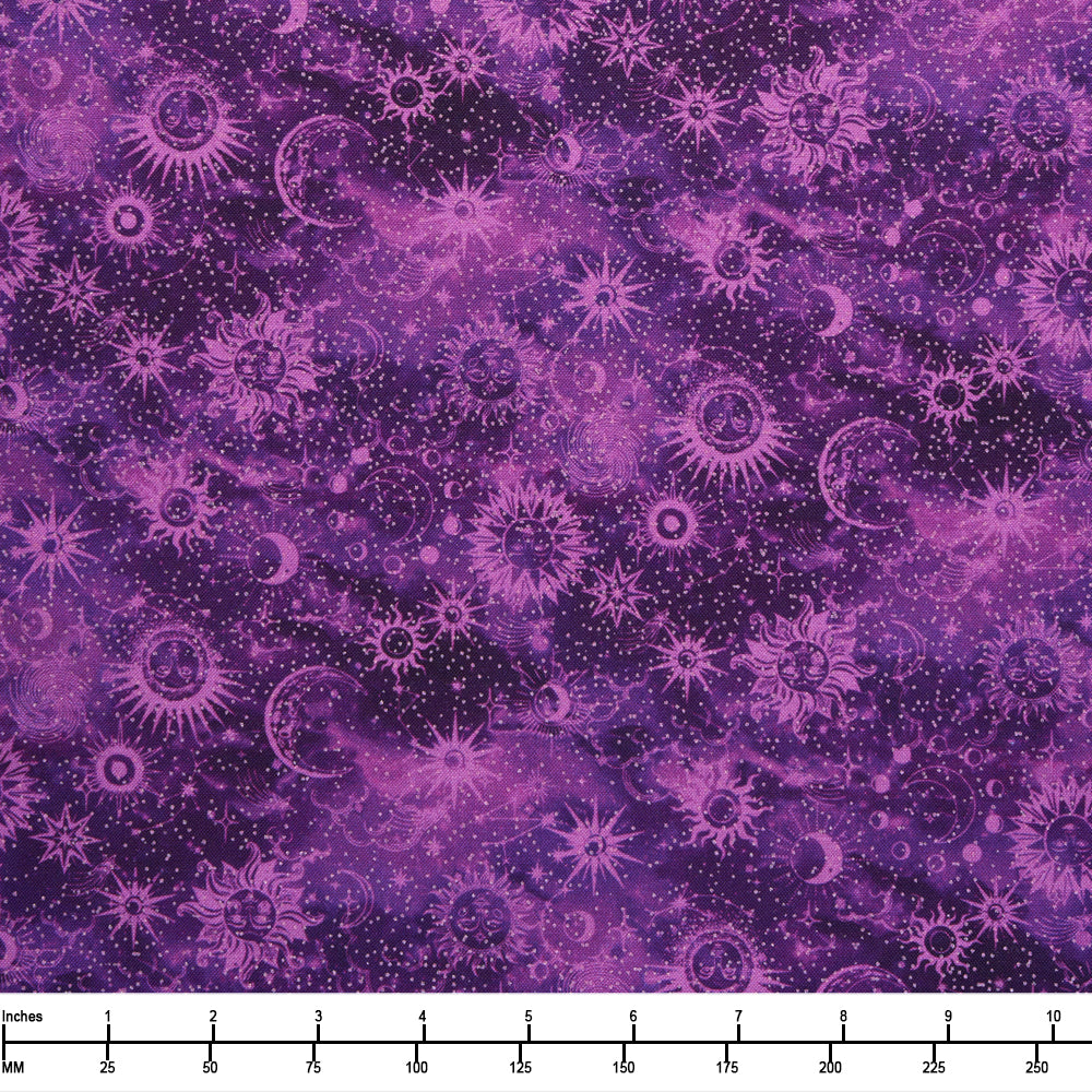 Benartex Celestial Skies Sun and Moon Tonal Violet 16625P 63 - 32-inch EOB Special