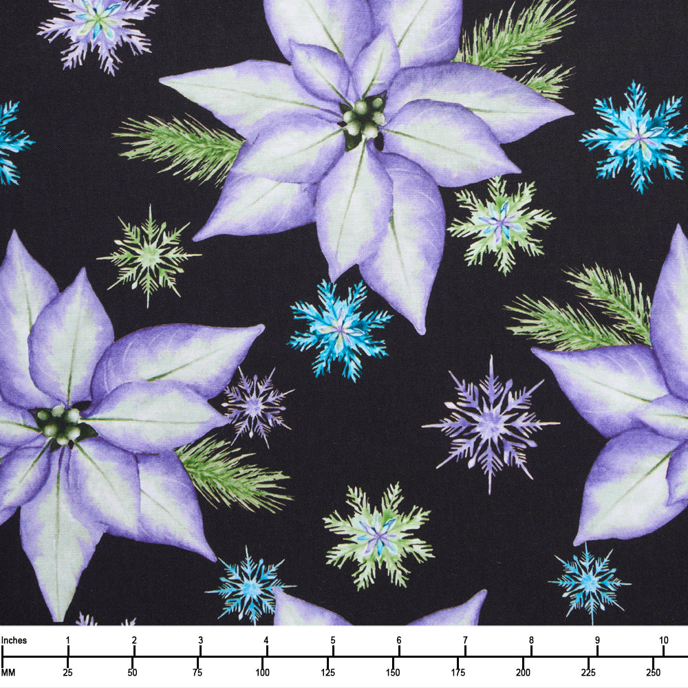 Blank Quilting Aurora Flurries Poinsettias and Snowflakes 4904 99 Black - 32-inch EOB Special