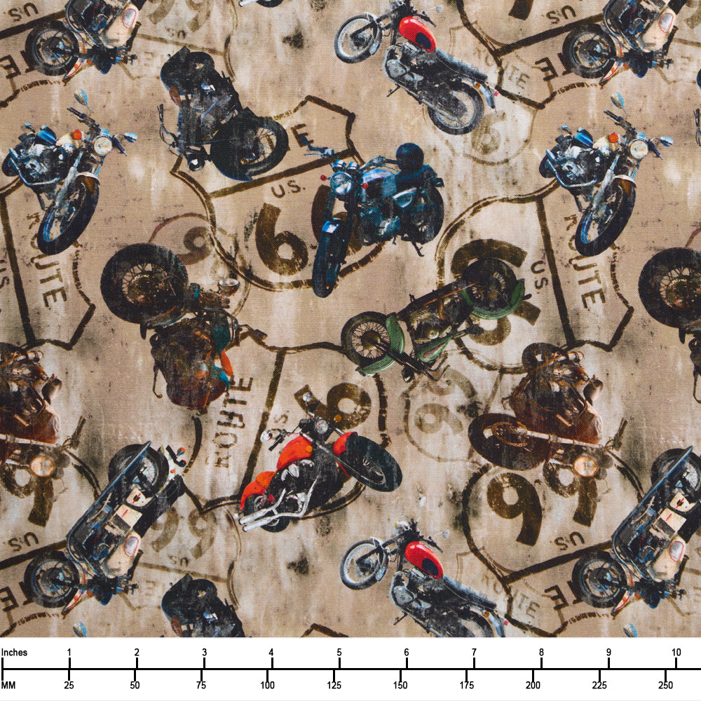 Blank Quliting Historic Highway Motorcycles and Route 66 Signage 4477 90 Tan - 22-inch EOB Special