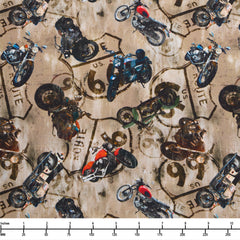 Blank Quliting Historic Highway Motorcycles and Route 66 Signage 4477 90 Tan - 22-inch EOB Special