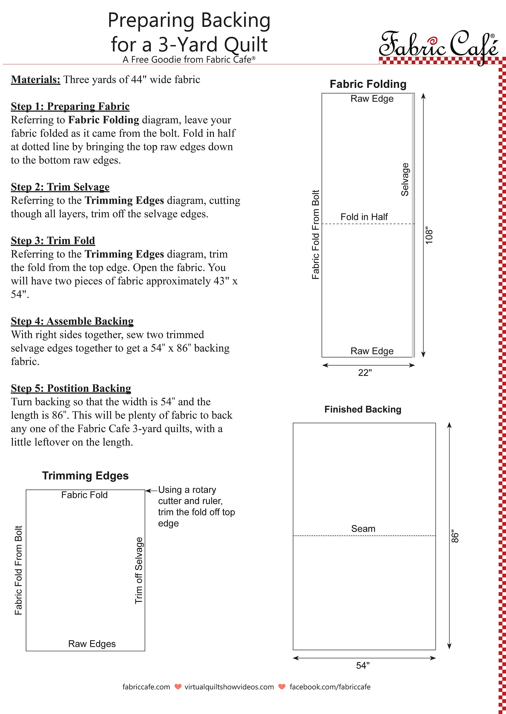 Documente with images and written instructions on how to prepare a backing with 44 inch wide fabric for a 3-yard quilt