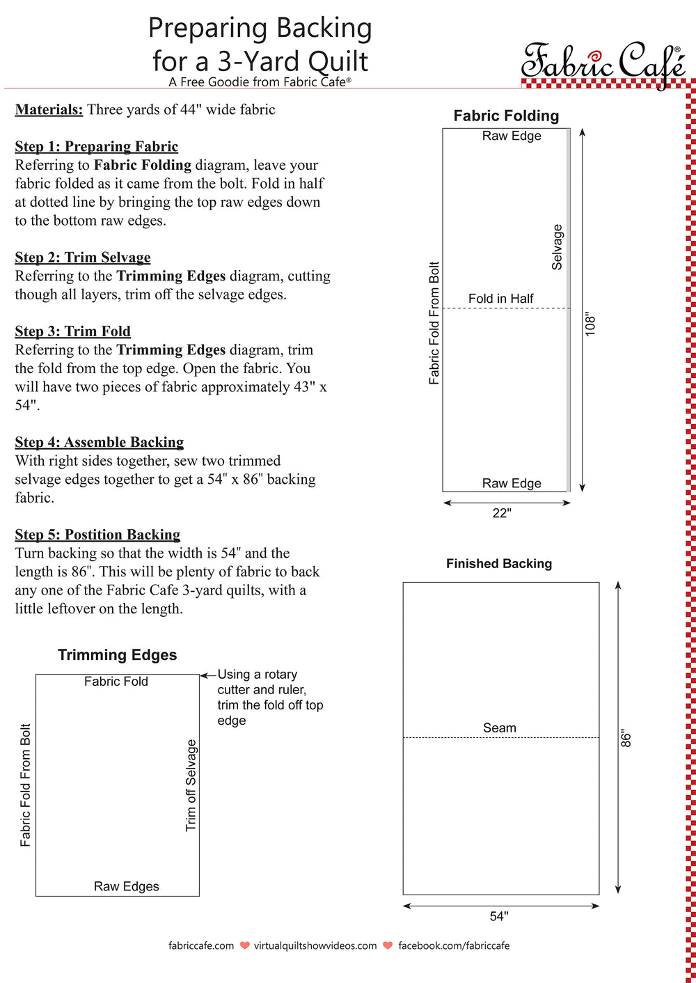Documente with images and written instructions on how to prepare a backing with 44 inch wide fabric for a 3-yard quilt