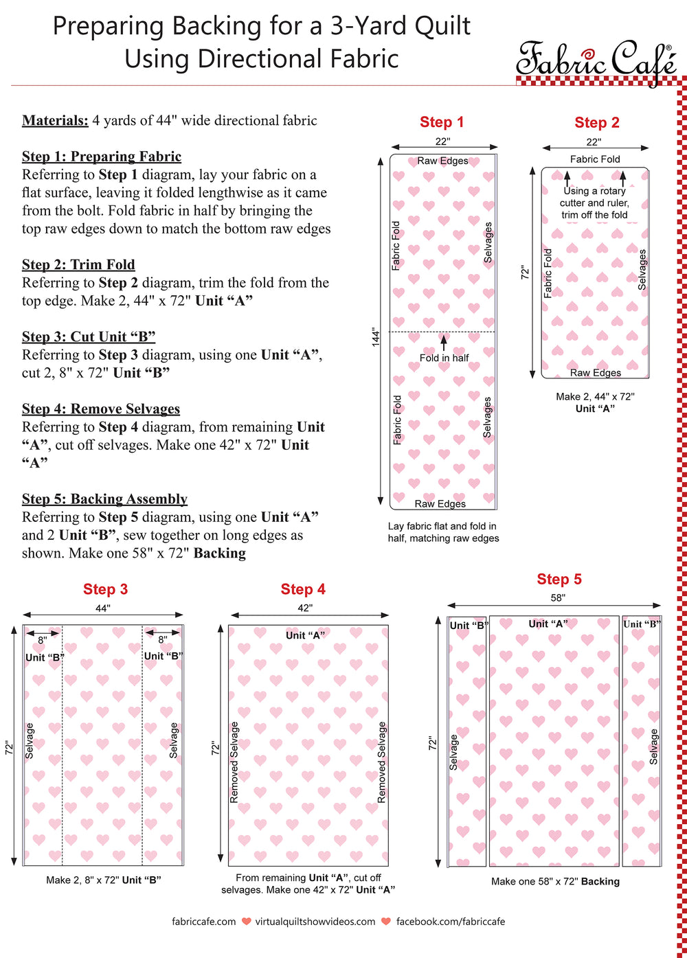 A document titled "Preparing a Backing for a 3-yard quilt using directional fabric" with images and written instructions on how to use directional fabric for a quilt backing