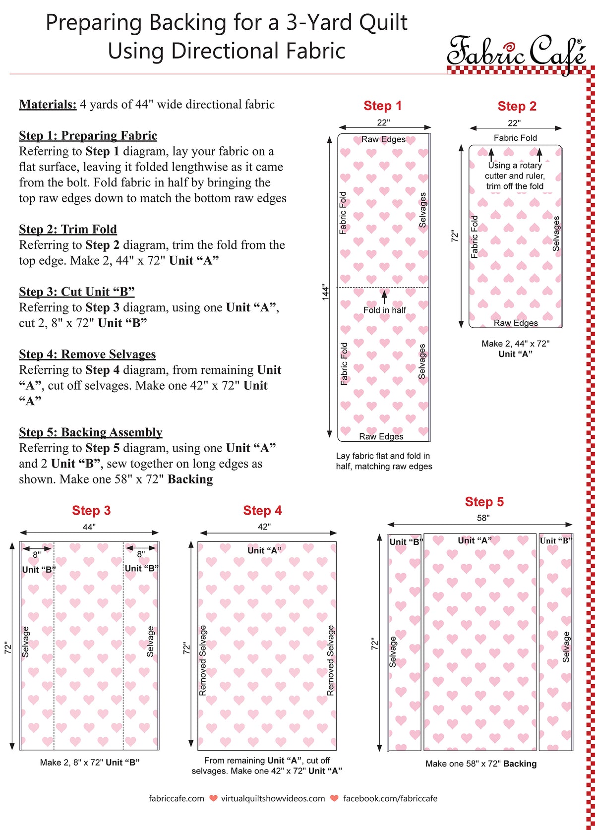 A document titled "Preparing a Backing for a 3-yard quilt using directional fabric" with images and written instructions on how to use directional fabric for a quilt backing