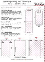 A document titled "Preparing a Backing for a 3-yard quilt using directional fabric" with images and written instructions on how to use directional fabric for a quilt backing