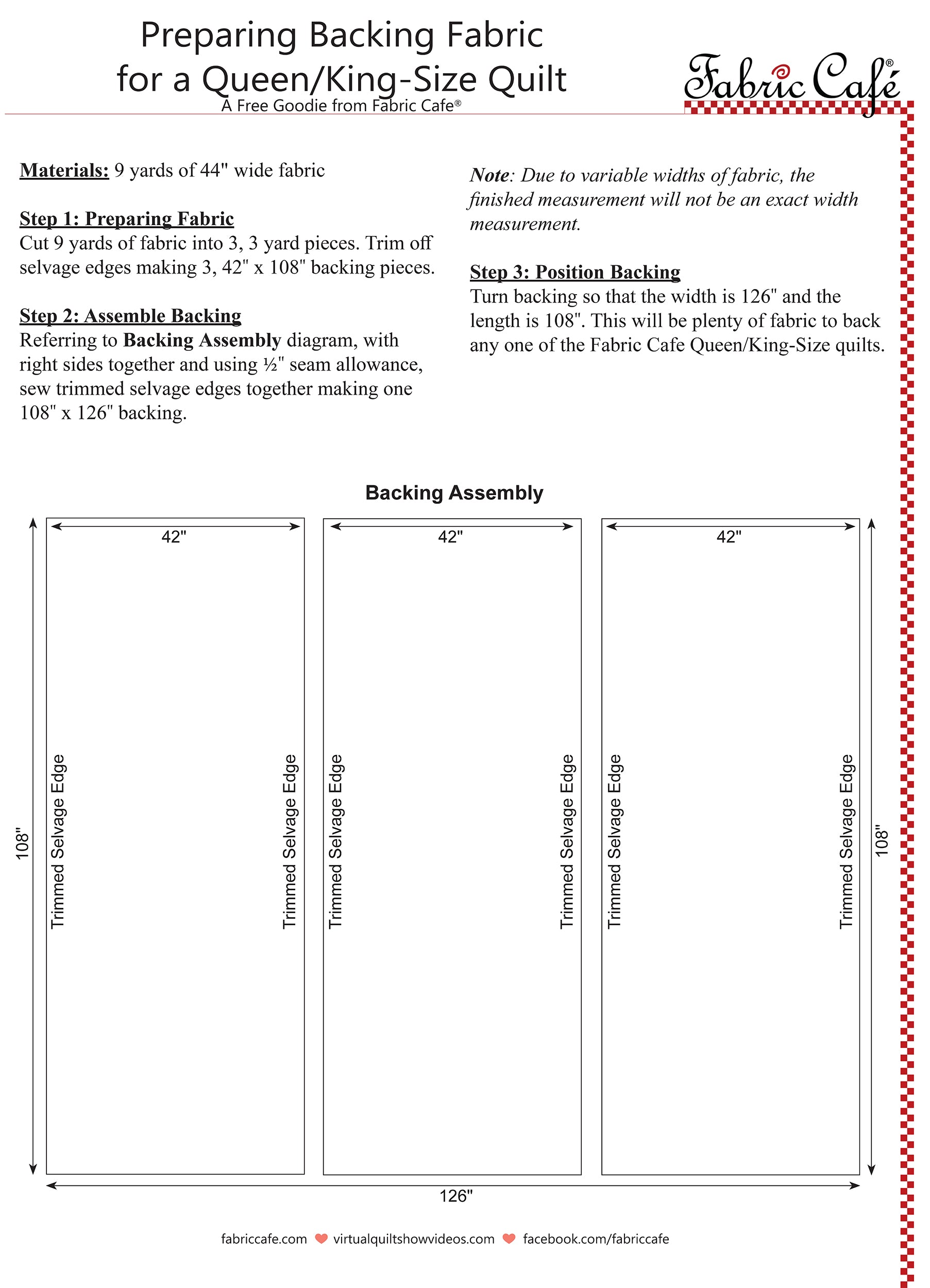 Document with images and written instructions on how to prepare 9 yards of 44 inch wide fabric for a queen/king size quilt