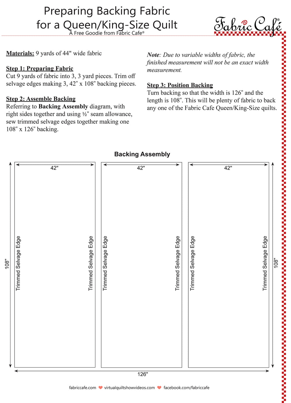 Document with images and written instructions on how to prepare 9 yards of 44 inch wide fabric for a queen/king size quilt
