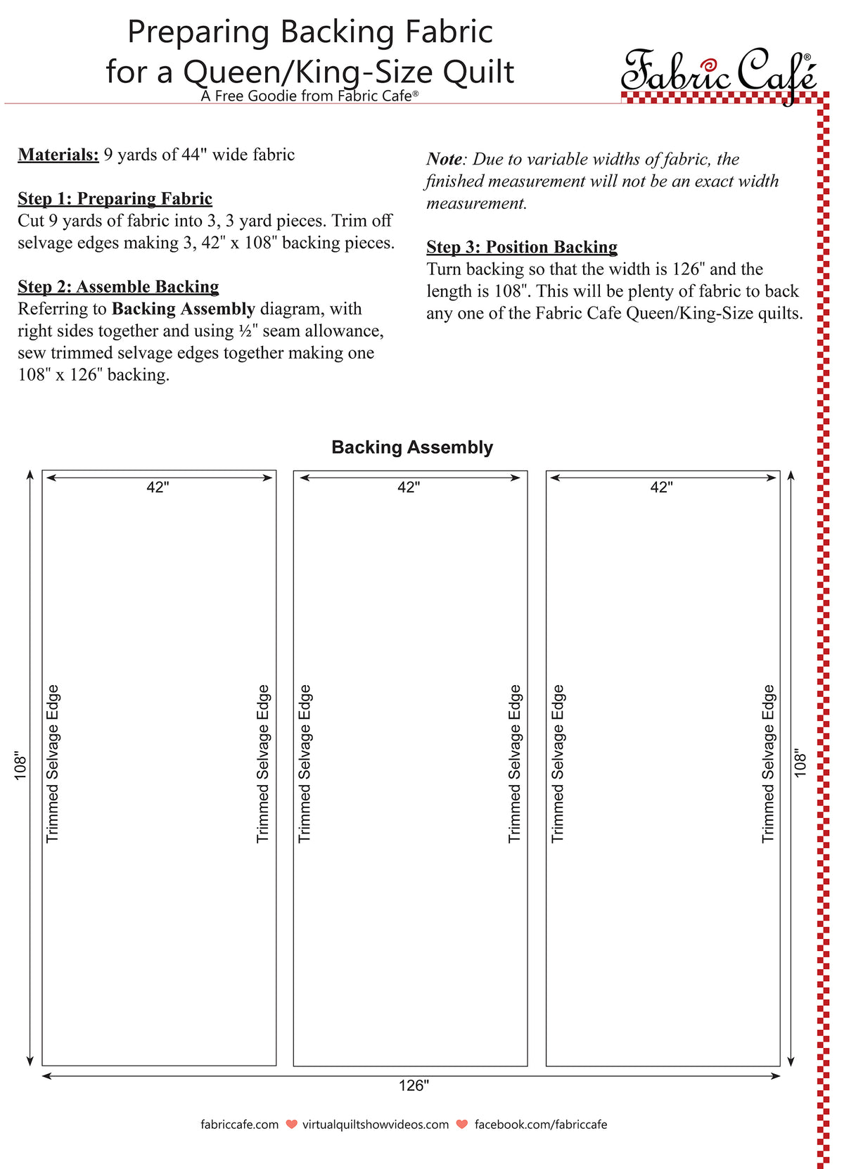 Document with images and written instructions on how to prepare 9 yards of 44 inch wide fabric for a queen/king size quilt