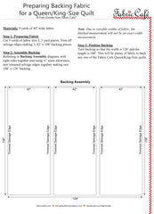 Document with images and written instructions on how to prepare 9 yards of 44 inch wide fabric for a queen/king size quilt