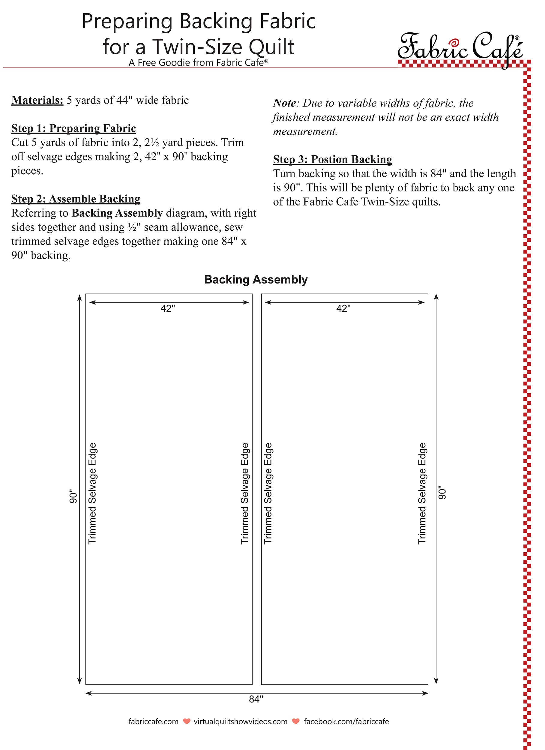 A document with images and written instructions on preparing backing fabric for a twin size quilt