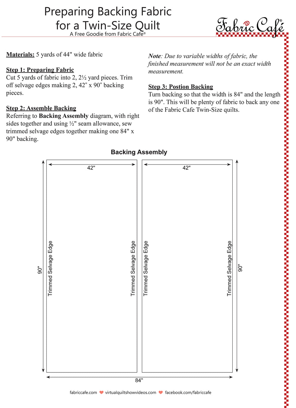 A document with images and written instructions on preparing backing fabric for a twin size quilt