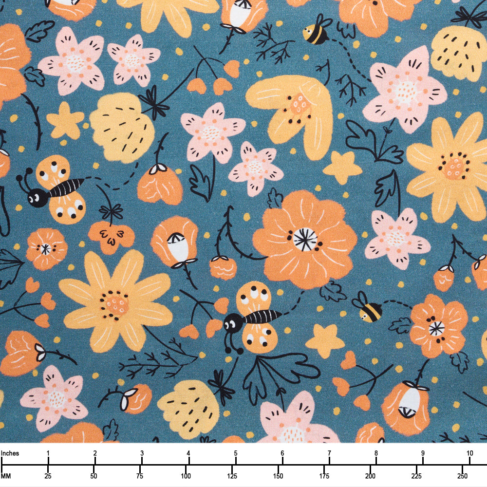 QT Fabrics Bee Kind & Curious Floral & Bees Slate 31235 K - 22-inch EOB Special