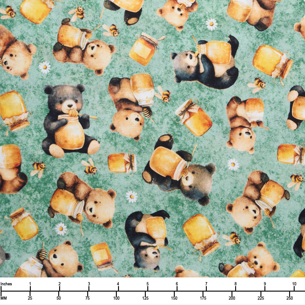 QT Fabrics Buzz Buzz Buzz Bears and Honey Sage 2600 31702 H  - 32-inch EOB Special
