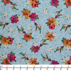 QT Fabrics Fluttering Petals Hummingbirds and Floral French Blue 2600 31552 B - By The Yard
