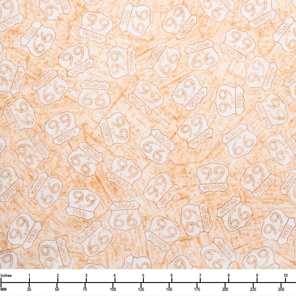 QT Fabrics Get Your Kicks 2026 Route 66 Signs Tan 31671 E - 22-inch EOB Special