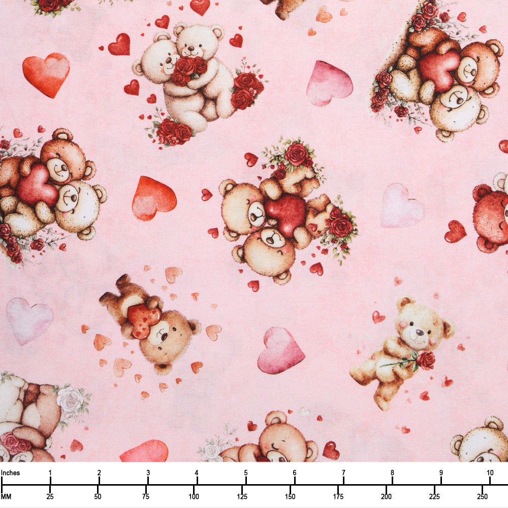 QT Fabrics Hearts & Hugs Bears & Hearts Toss Pink 31649 P - 22-inch EOB Special