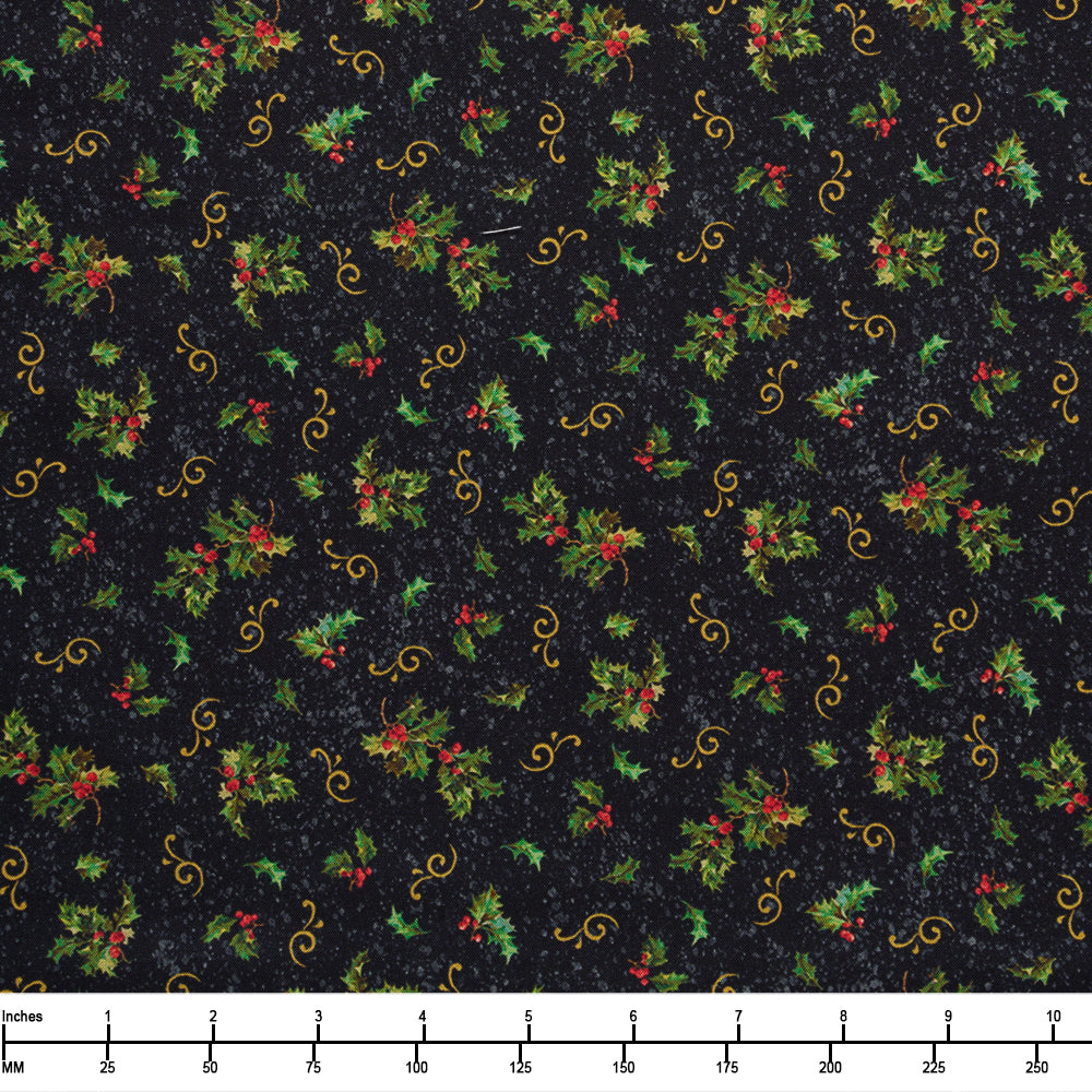 QT Fabrics Poinsettia Greetings Holly and Scroll Black 2600 31084 - By The Yard