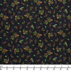 QT Fabrics Poinsettia Greetings Holly and Scroll Black 2600 31084 - By The Yard
