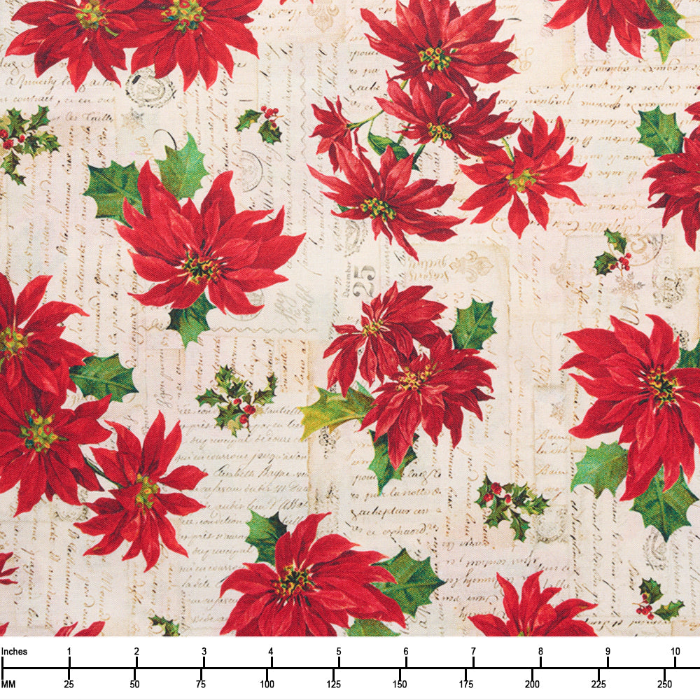 QT Fabrics Poinsettia Greetings Poinsettia Toss Cream 31083 E - 22-inch EOB Special