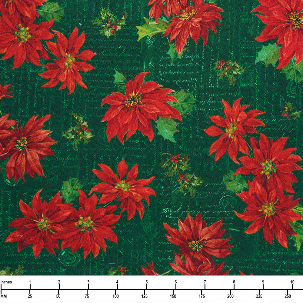 QT Fabrics Poinsettia Greetings Poinsettia Toss Forest 2600 31083 F - By The Yard