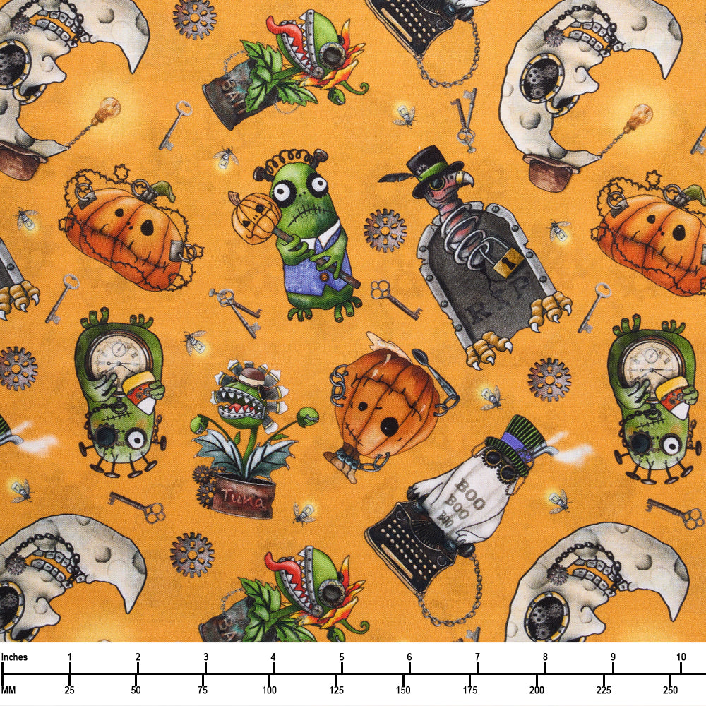 QT Fabrics Steampunk Halloween 3 Halloween Character Toss Orange 31221 O - 28-inch EOB Special