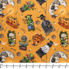 QT Fabrics Steampunk Halloween 3 Halloween Character Toss Orange 31221 O - 28-inch EOB Special
