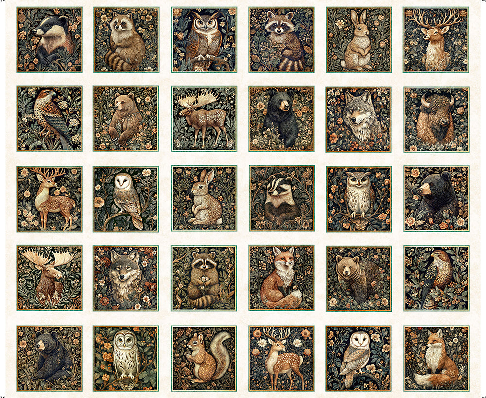 QT Fabrics Cedar & Sage Animal Picture Patches Oatmeal 31952 E - 32-inch EOB Special
