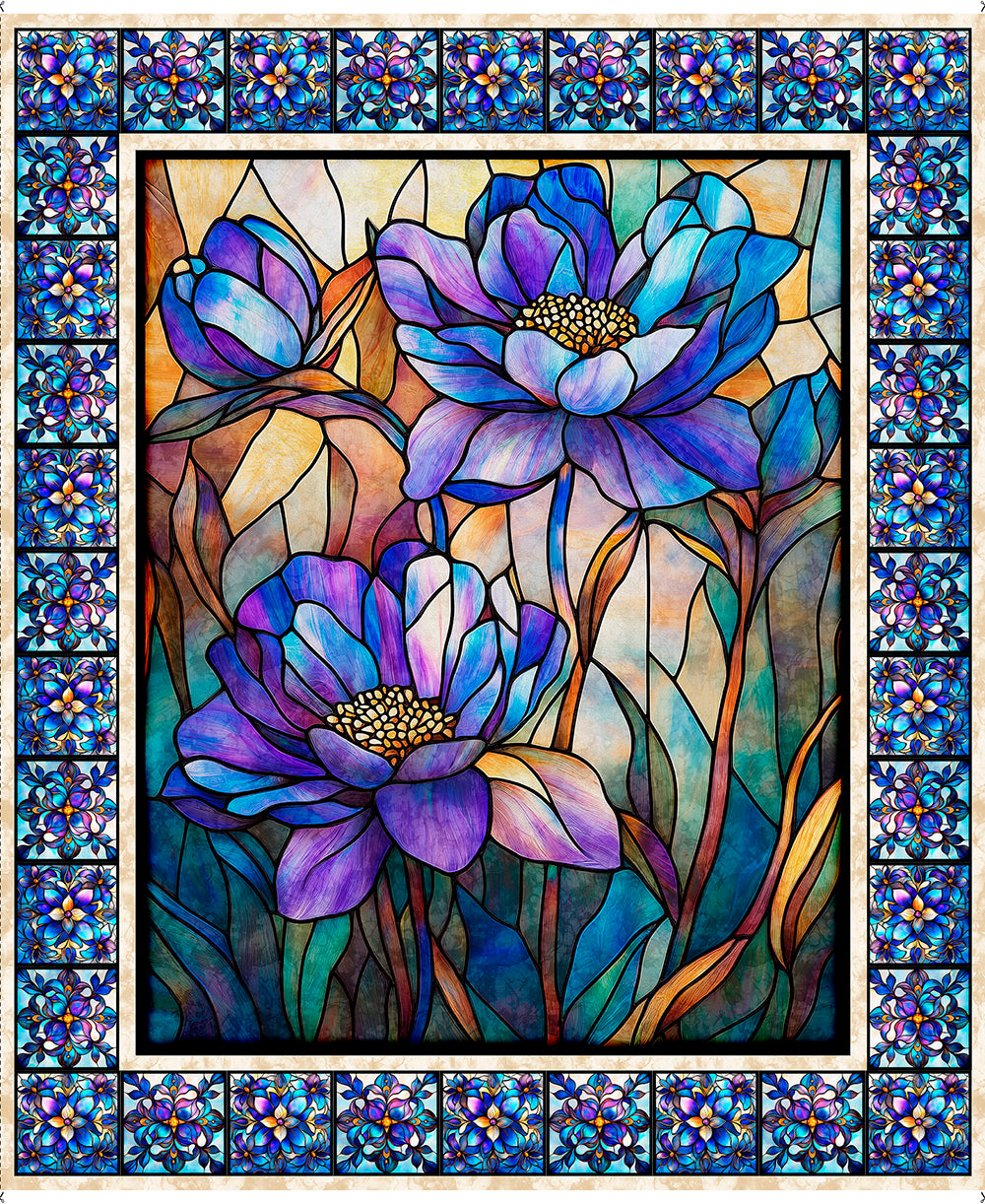 QT Fabrics Mosaic Blooms Stained Glass Foral Panel  Multi 31482 X - 32-inch EOB Special