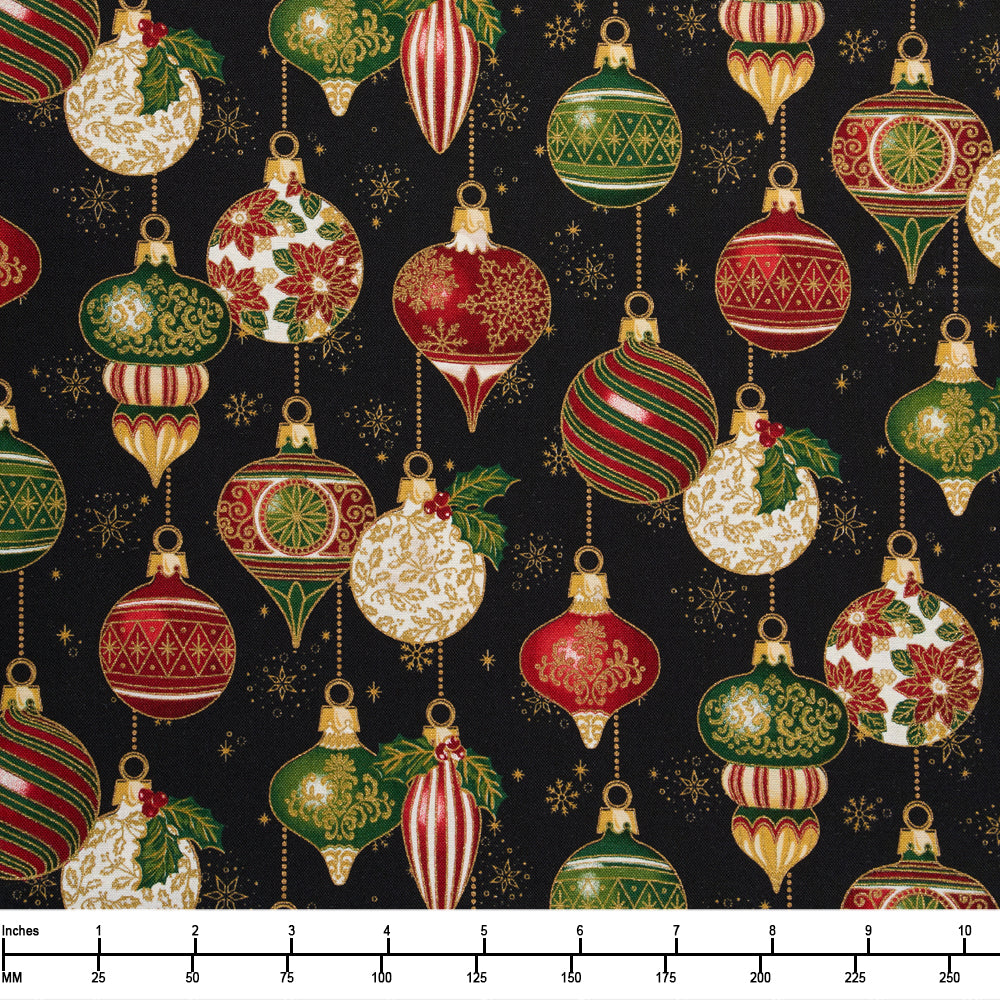 Riley Blake Poinsettias at Christmas Ornaments Black Foil CF17631 Black - 22-inch EOB Special