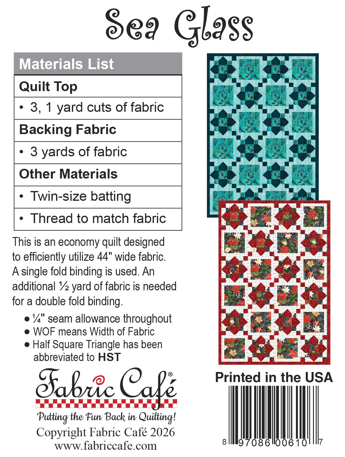 Sea Glass 3-Yard Quilt Pattern