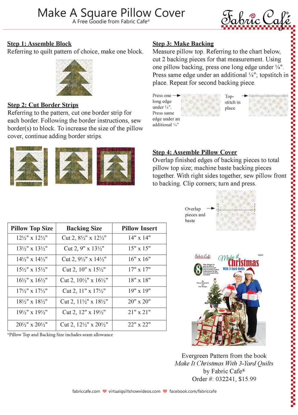 A document titled "Make A Square Pillow Cover" with images and step-by-step instructions on how to convert a quilt block into a pillow cover