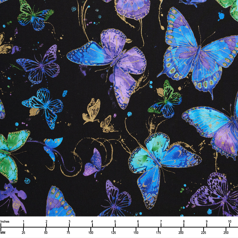 Timeless Treasures Evening Glow Flying Butterflies Met Flora CM4102 Jet - By The Yard