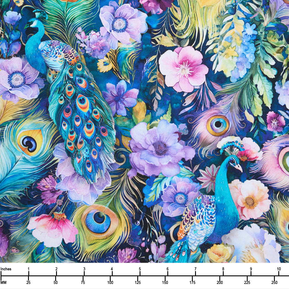 Timeless Treasures Wild Beauty Peacock Peek A Boo Floral Plume CD3961 Navy - By The Yard