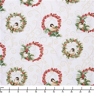 Benartex A Festive Medley Chickadee Wreaths Cream 13181M 07 - 32-inch EOB Special